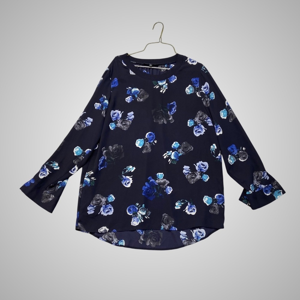 Thakoon Floral Blouse Womens L Blue Combo Excellent Bell Sleeve Rose Print Top